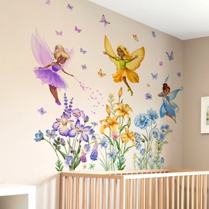 Cartoon flower fairy wall stickers for children's room with butterflies and lilies