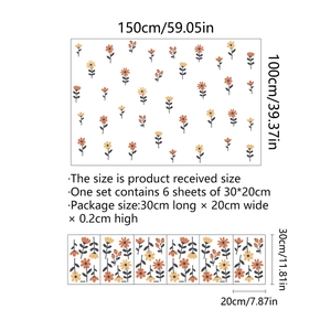Layout and dimensions of the floral wall sticker set featuring yellow and orange blossoms