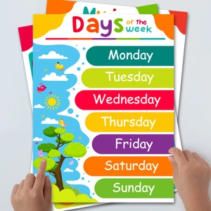 Colorful educational days of the week wall posters with cartoons for kids room decor
