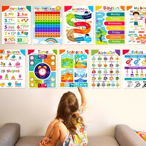 Educational Wall Posters Alphabet Numbers Months Days Time Body Shapes Weather Preschool Learning Classroom Decor Colorful Waterproof Cartoon