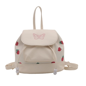 Mini white leather backpack for women with strawberry pattern and pink butterfly embroidery