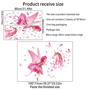 Stickers muraux fée licorne et papillons pour chambre d'enfant déco 100x75cm