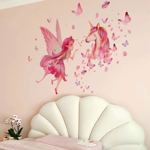 Stickers muraux licorne et fée avec papillons roses pour déco de chambre de fille