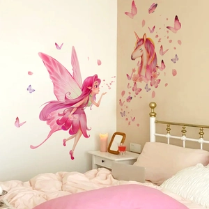 Stickers Muraux Fée Licorne PVC Autocollant Pour Chambre Filles Enfants Décor Papillon Rose Violet Dessin Animé Onirique