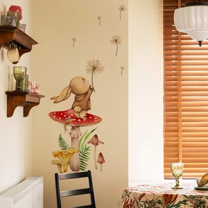 Cartoon rabbit on mushroom wall decal for warm nursery bedroom decor with dandelions