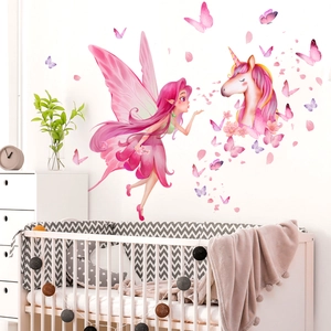 Stickers muraux fée et licorne avec papillons pour décoration de chambre de fille