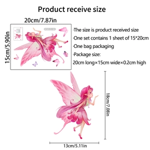 Détail des dimensions du sticker mural fée rose et papillons avec guide de taille
