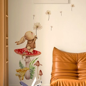 Cartoon rabbit and mushroom wall decals for a cozy children's room bedroom decoration