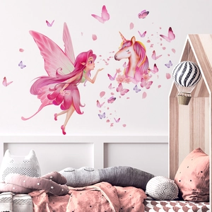 Stickers muraux fée et licorne avec papillons roses pour décoration de chambre d'enfant