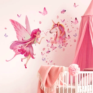 Stickers muraux fée et licorne pour chambre d'enfant avec papillons roses et pétales fins