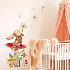 Cartoon rabbit and red mushroom wall stickers in watercolor style for nursery decor