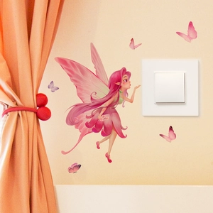 Sticker mural fée fleurie avec papillons roses pour chambre et interrupteur mural
