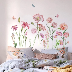 Autocollants Muraux Fleurs Roses et Papillons à l'Aquarelle Décalcomanies en PVC Amovibles pour Chambre Salon Décoration Maison