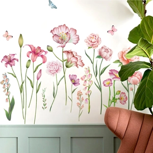 Stickers muraux autocollants avec fleurs et papillons aquarelle pour salon et chambre