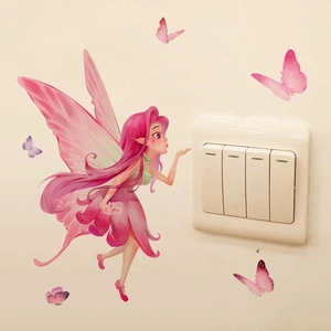 Stickers muraux fée rose et papillons pour décoration intérieure près d'interrupteur