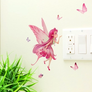 Autocollants muraux fée rose et papillons décorant l'interrupteur d'un salon ou chambre