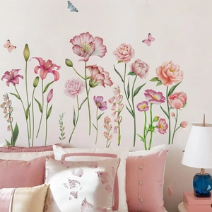 Stickers muraux fleurs à l'aquarelle avec pivoines roses pour décoration de chambre