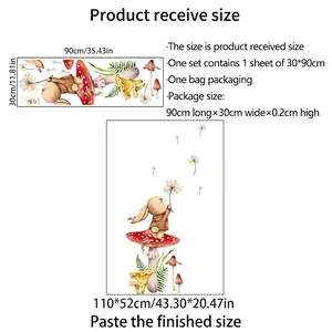 Cartoon rabbit and mushroom wall sticker size chart showing dimensions 30x90cm and 110x52cm