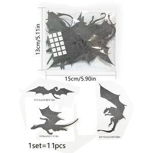Detail view of 11pcs 3D black glitter dragon wall stickers with size measurements