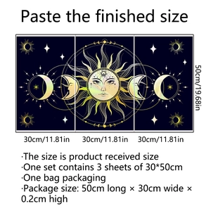 Set di 3 adesivi murali con sole e fasi lunari, motivi celesti dorati su fondo blu