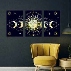 Set di 3 quadri decorativi con sole e luna e motivi celesti dorati per parete