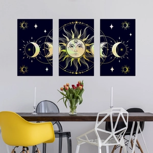 Set di tre quadri da parete con sole e luna in design bohémien celeste blu e oro