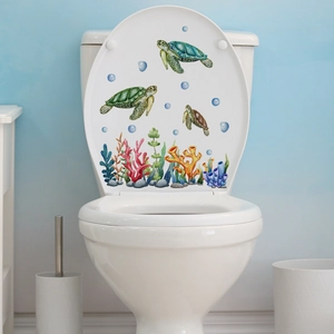 Sea turtle and coral marine theme self-adhesive toilet seat wall stickers for bathroom decor
