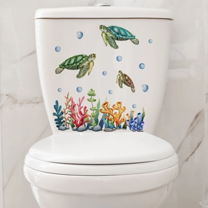Self-adhesive sea turtle and coral bathroom wall stickers for toilet and home decoration