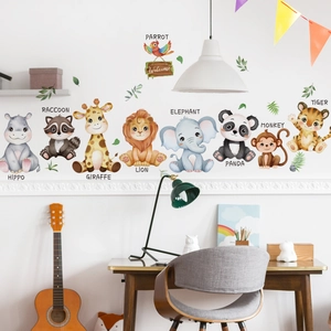Detail of cartoon animal wall stickers with lion and panda for children's bedroom decor