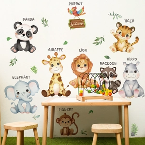 Cartoon animal wall stickers with watercolor panda and lion for kids room decor
