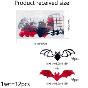 Size guide for 12pcs 3D bat wall stickers in black and red glitter for Halloween decor