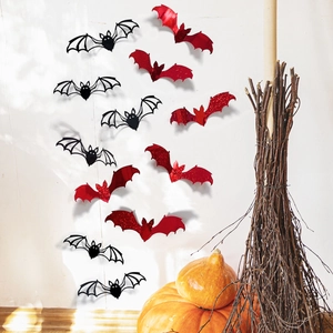 Set of 12 3D bat wall stickers in black and glitter red for Halloween home decoration