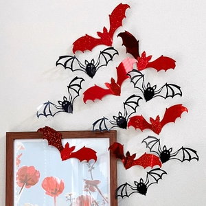 Detail of 3D glitter red and black bat wall stickers with laser finish for Halloween decor