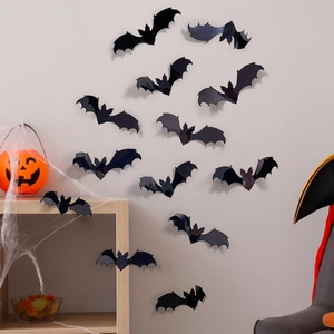 Detailed 3D black bat wall stickers with foldable wings for Halloween home decoration