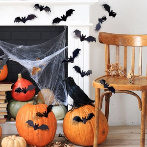 3D black bat wall stickers for Halloween home decor on fireplace and pumpkin backdrop