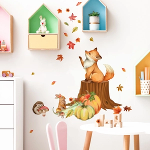 Watercolor forest animal wall decals with fox, rabbit and pumpkin for kids room decor