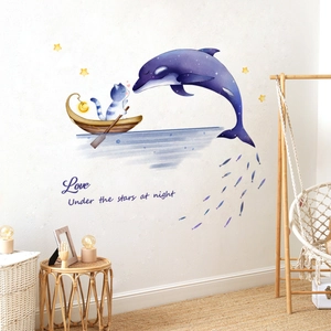 Cartoon cat on boat wall stickers with stars and dolphin for kids room decor