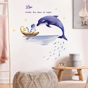 Cartoon shark cat in boat wall sticker with stars for kids room decor