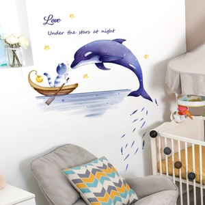 Cartoon shark cat boat and stars wall sticker for children room nursery decor