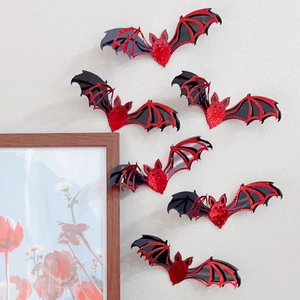 3D glitter bat wall stickers with red and black laser finish for Halloween home decor