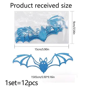 Detailed size chart for 12pcs blue glitter 3D bat wall stickers with foam adhesive pads