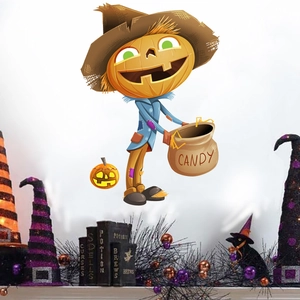 Halloween pumpkin scarecrow wall sticker with candy bag for living room glass decor