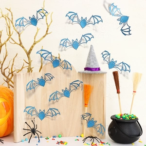 Detail of 3D laser blue glitter bat wall decals for Halloween home decoration