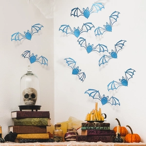 Detail of 3D laser blue bat wall stickers with glitter finish for Halloween decor