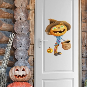 Halloween pumpkin scarecrow door decal with candy bag on white door in cozy room