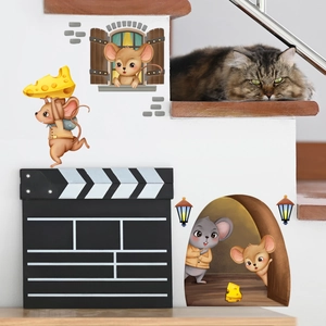 Cartoon mouse and cheese wall stickers for kids room decor on white staircase wall