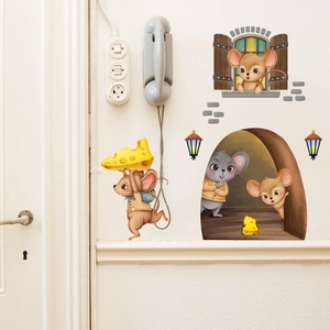 Cartoon mouse family wall stickers with cheese and vintage lamps for kids room decor