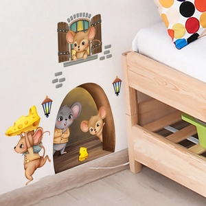 3D cartoon mouse wall stickers with cheese and windows for kids bedroom wall decor