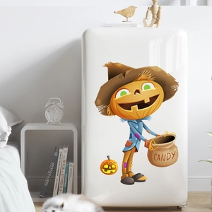 Retro cream single-door refrigerator with Halloween pumpkin scarecrow wall sticker