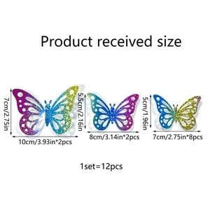 12pcs 3D rainbow gradient laser-cut butterfly wall decals with glitter effect in 3 sizes
